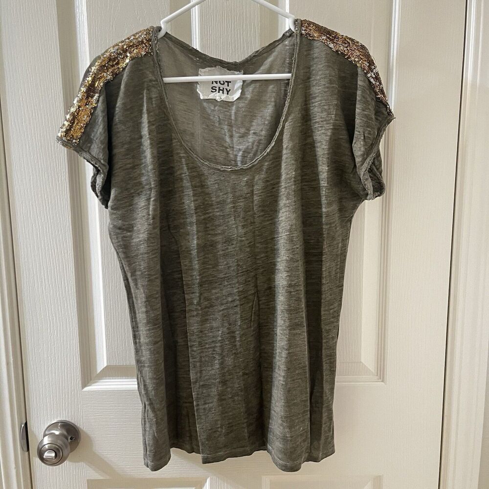 Not Shy Green Linen Top Shirt Gold Sequin Shoulder Detail Women's Size Large
